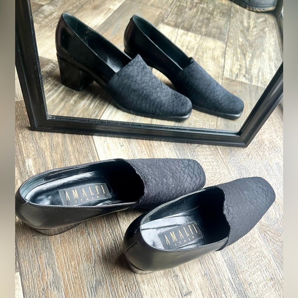 VTG 90s Gothic chic Italian square toe black fabric & leather chunky heels • 7.5